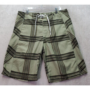 Wonderwall Board Shorts Mens 34 Green Plaid 100% Polyester Zip Pocket Drawstring